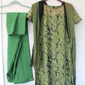 3-Piece Green & Black Embroidered Salwar Kameez Set Large